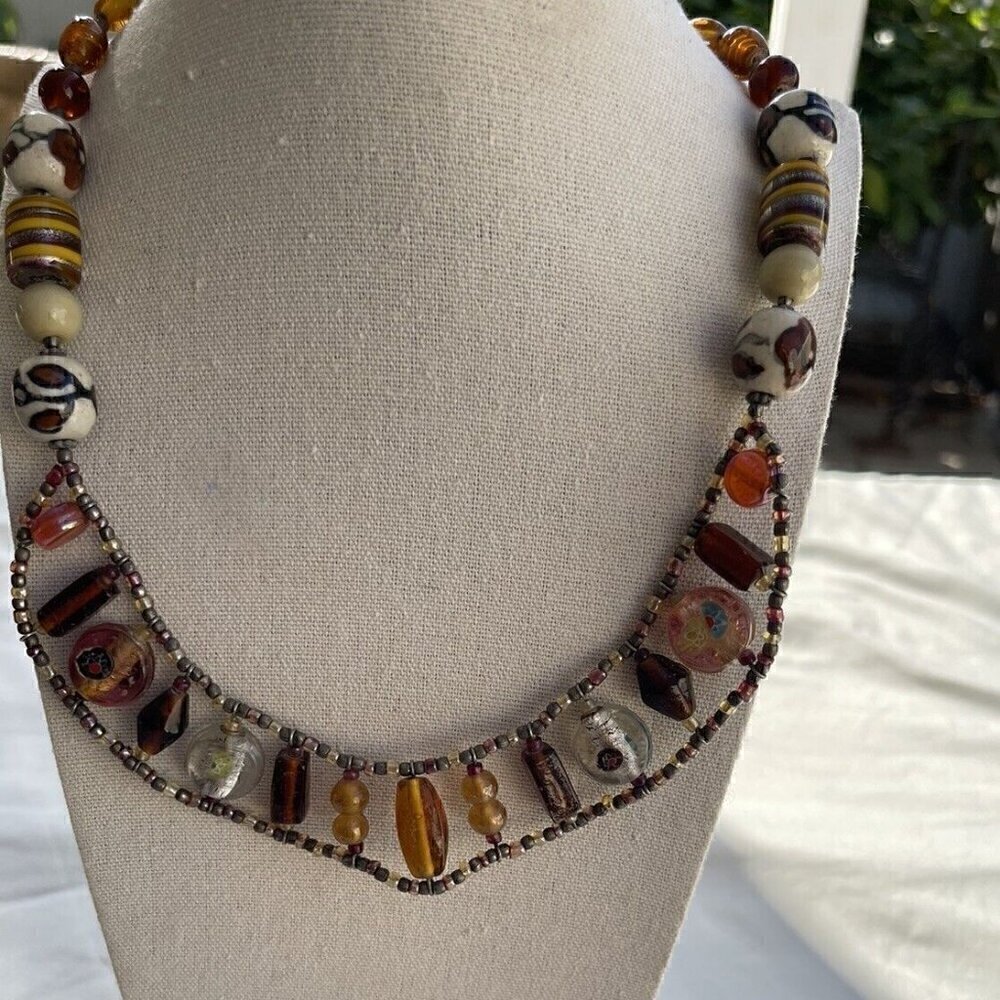 Vintage Amber & Glass Faceted Bead and Porcelain Flower Boho Necklace 21 inches